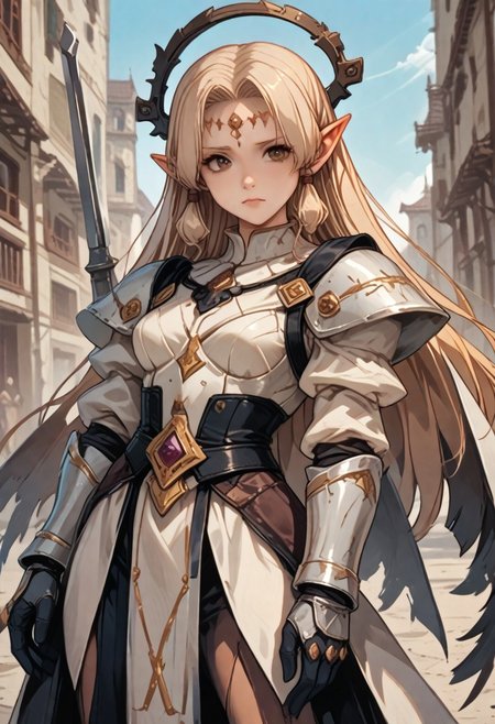 This high-quality digital artwork depicts a fierce, armored female warrior angel with long, flowing golden hair, holding an intricate glowing, ruined yellow long sword. She has large, black wings and is clad in intricately designed, dark metal armor that covers her torso and arms. Her expression is determined and powerful. The background features a sky high dark tower with a bizarre and horrifying architecture. The camera angle is low, looking up at the female warrior angel, emphasizing her imposing presence. The depth of field is shallow, keeping her in sharp focus while the background is slightly blurred. The overall aesthetic quality is very high, showcasing excellent use of lighting and composition.