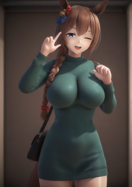 3d,1girl, super creek (umamusume), by kodoto, animal ears, bag, bell, blue eyes, bow, braid, breasts, brown hair, hair bow, hair ornament, hands up, horse ears, horse girl, large breasts, long hair, long sleeves, looking at viewer, one eye closed, open mouth, red bow, shoulder bag, smile, solo, sweater, zPDXL3  <lora:TAKA_84:1>
