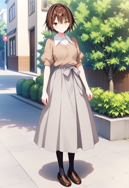 standing, full body, <lora:KC_03HC_furutaka_pony-000015:1>furutaka-kc, brown hair, short hair, brown eyes, yellow eyes, heterochromia, 
furutaka214-kc, brown_sweater_grey_skirt, brown sweater, sleeves rolled up, grey skirt, long skirt, brown loafers, black socks,, score_9,score_8_up, score_7_up, source_anime, masterpiece, best quality,  official art, official style, game cg, megami magazine, rating_safe, rating_questionable, <lora:Fixhands_anime_bdsqlsz_V1:0.75>,