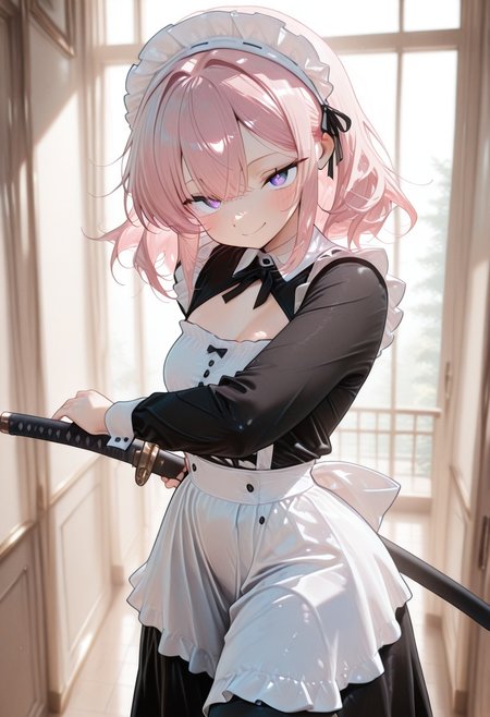 (masterwork, masterpiece, best quality, hyper-detailed, 8k uhd:1.4), 
1girl, solo, CivChan, purple eyes, pink hair, medium hair, maid uniform, standing looking sweet, coy, smiling sweetly, dark background, 
iaidou,weapon, katana, holding sword, ready to draw, sheathed, unsheathing, scabbard,
masterpiece, extremely aesthetic, highly detailed, dynamic composition, vibrant colors, vivid colors, saturated,
<lora:LoraILXL10_YamiStyle_v1:0.8> <lora:CivChan:1>   <lora:iaido_Illust_v1:1>