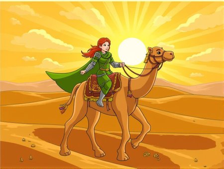 <lora:Coloring_Book_Style_FLUX.safetensors:1> a simple coloringbookstyle cartoon image in full color of
In the heart of a vast, sun-dappled desert, a lone warrior rides a majestic camel, their presence commanding and serene. The warrior, a woman of striking features with red hair that cascades in fiery waves down her back, is clad in ornate green armor. The armor, meticulously crafted, is adorned with intricate patterns and silver trim that glimmers in the golden sunlight. A flowing green scarf, emblazoned with ancient symbols, trails behind her, dancing with the desert wind.
The camel, a noble creature with a regal gait, is adorned with a detailed leather saddle. The saddle, studded with brass and adorned with colorful tassels, adds a touch of ceremonial grandeur to the scene. The animal's fur is rendered with meticulous attention to detail, each strand of hair catching the light and casting soft shadows, adding to the rich, tactile quality of the composition.
The background is a sweeping desert landscape, painted with a warm, earthy palette of golden yellows, deep greens, and rusty oranges. The sun, setting low on the horizon, casts long, dramatic shadows and fills the air with volumetric rays of light. The rays, backlit and golden, create a sense of ethereal beauty, enveloping the scene in a magical glow. A subtle haze of dust adds depth and texture to the air, enhancing the feeling of arid heat.
The low-angle shot emphasizes the warrior's authority and the majesty of the camel. The overall tone is one of tranquility and otherworldly enchantment, inviting the viewer to step into a realm where reality and fantasy blur, and every detail tells a story of mystical adventure.