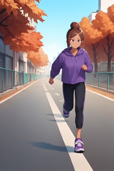 score_9, score_8_up, score_7_up, score_6_up, source_anime, 1girl, solo,  <lora:ueharaayaka-pdxl-nvwls-v1-000006:1> ueaya, brown hair, hair bun, tan, hairclip, purple hoodie, black track pants, running, outdoors, autumn, city, sneakers