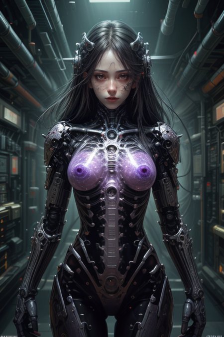 masterpiece,best quality,absurdres,high details,8K,photorealistic,1girl,translucent skin,<lora:translucent_skin:1>,purple bodysuit,mechanical,cowboy shot,space,
<lora:Concept_-_Hella-sthetic_v2:0.7>,, intricate, elegant, highly detailed, symmetry, magical atmosphere, sharp focus, majestic, very coherent, radiant, advanced, cinematic, artistic, fine detail, winning, beautiful, stunning, dramatic light, designed, rich deep colors, perfect professional background, ambient, tailored set composition