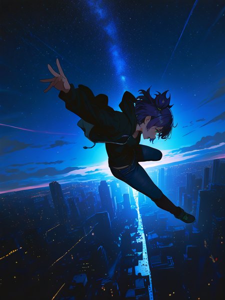 masterpiece, best quality, absurdres, highres, very awa, 
<lora:un-30:1> unlblch, 1girl, solo, purple hair, two sides up, short hair, green eyes,  
 from side, looking away, closed mouth, dutch angle, falling, dark hoodie, open hoodie, jeans, short hair, cityscape, night, starry sky, full body, open mouth, fantasy, cinematic, dynamic pose, dynamic angle, (wide shot:1.5), very awa, masterpiece, best quality, absurdres, newest, perfect quality, detailed background, intricate details, (ruizu \(takakisan503\):0.6), (bamashengze:0.6), (sakuramarusan:0.6), (konohanaya:0.6)
 <lora:ponyv6_noobV1_2_adamW:1> <lora:748cmSDXL:0.5> 748cmstyle