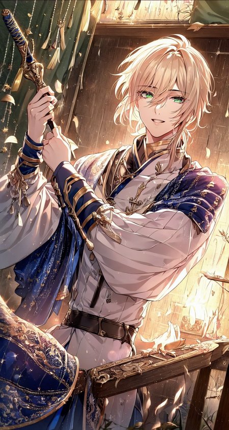 (solo:1.5),(masterpiece:1.5),(best quality:1.5),(bust:1.3),Amazing,beautiful detailed,extremely detailed wallpaper,extremely detailed CG unity 8k wallpaper,extremely delicate and beautiful eyes,1boy, green eyes,ponytail,holding weapon,looking at viewer,smile,