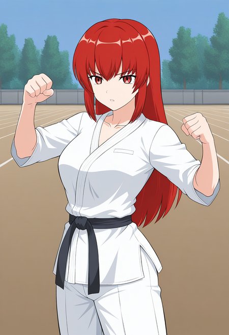 1girl, solo, satsukirindorival, red hair, long hair, hair down, red eyes, white gi, dougi, black belt, outdoors, training field, fists, punch, open mouth, parted lips, serious,
