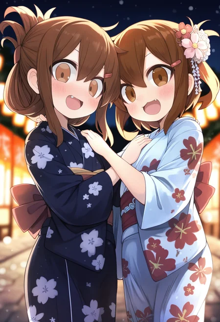 masterpiece,best quality,amazing quality,
brown hair, inazuma (kancolle), kimono, japanese clothes, 2girls, multiple girls, ikazuchi (kancolle), open mouth, folded ponytail, hair ornament, short hair, hairclip, brown eyes, fang, looking at viewer, sash, obi, blush, floral print, hand on another's shoulder, outdoors, night, 
 <lora:Ankoku:1>