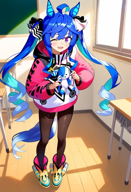 <lora:pony_turbo_v2:1>, score 9, score 8 up, score 7 up, source anime, 1girl,  twin turbo \(umamusume\), full body, classroom,   smile,