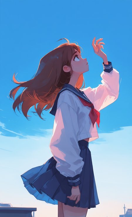 masterpiece, best quality, amazing quality, highres, 
1girl, solo, long hair, shirt, skirt, brown hair, long sleeves, school uniform, white shirt, cowboy shot, pleated skirt, parted lips, sky, serafuku, sailor collar, from side, blue sky, blue skirt, neckerchief, profile, floating hair, looking up, blue sailor collar, (wind:1.2), red neckerchief, hand up, closed mouth, Wide Shot, backlighting, <lora:XXX667:0.5> <lora:DiivesIXL:0.5> <lora:96YOTTEA-WAI:0.7> <lora:namukijpg_ill:0.3> <lora:Style60_IXL:1>