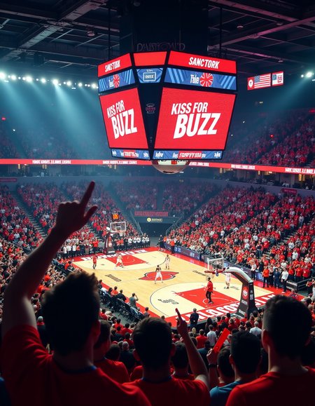 "A packed basketball stadium during an intense game, with thousands of cheering fans wearing colorful jerseys and holding foam fingers. The center of attention is the massive high-definition screen hanging above the court, displaying the words 'Kiss for Buzz' in bold, glowing letters with a dynamic animation. The screen is surrounded by flashing LED lights and digital effects, creating a vibrant and energetic atmosphere. The players on the court are mid-action, with one player dunking the ball while the crowd goes wild. The stadium is illuminated by bright spotlights, and confetti is falling from the ceiling. Ultra-detailed, 8K resolution, cinematic composition, and a sense of excitement and celebration."