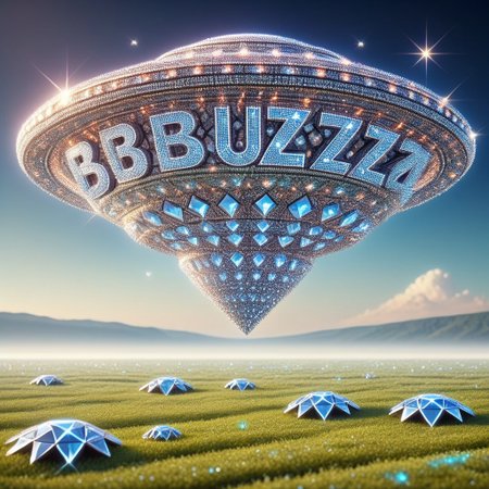 diamondMW, a UFO flying space saucer made of countless diamonds, blue buzz, the word "Buzz" made of diamonds on the UFO, a landscape full of buzz coins background, masterpiece, high detail, (photographic medium), volumetric light.