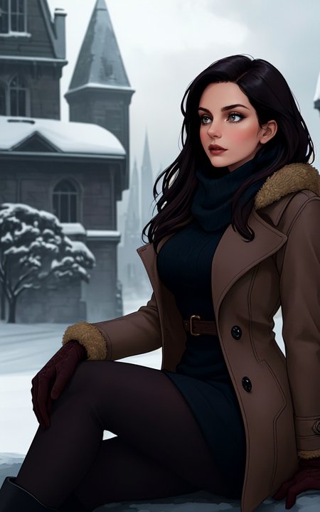 ([style of Jovana Rikalo, OverallDetail:style of Liam Wong, HairDetail SkinDetail:0.6]:1.5), hdr chiaroscuro, (Layered Depth, Soft focus foreground:1.1),(moody atmospheric cinematic establishing shot of gorgeous seductive woman, highly detailed background:1.5), volumetric lighting, subsurface scattering, dynamic pose, (special effects, color grading, fractal fantasy aura),   [winter:high-fashion:0.7] setting, a young adult woman striking an elegant pose amidst a snowy urban landscape, featuring a luxurious wool coat, tailored to perfection with a cinched waist and exaggerated lapels, rich burgundy color, texture visible, complemented by a cashmere scarf in a soft, contrasting hue, draped effortlessly around the neck, knee-high suede boots in a deep espresso, a touch of sophistication, delicate leather gloves adorning her hands, a subtle nod to classic elegance, softly curled hair tumbling over her shoulders, makeup natural with a hint of rosiness on cheeks and lips, capturing the essence of winter warmth and style, snowflakes gently falling around, creating a serene, almost magical atmosphere, soft golden hour light casting a warm glow, highlighting the intricate details of the coat, the backdrop a blend of historic architecture and modern elements, creating a juxtaposition of timelessness and contemporary fashion, her expression serene and confident, embodying the spirit of a modern, stylish winter.