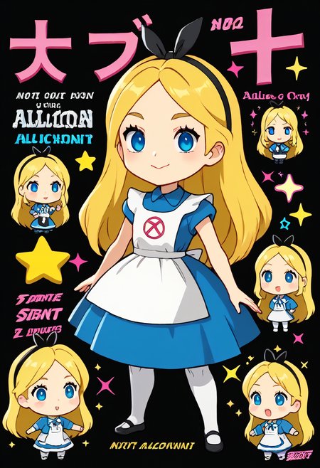 source_anime, AliceWaifu, blue eyes, blue dress, white pantyhose, apron, black hairband, blonde, chibi, full body, vx90pv, neon colors, sparkle, star (symbol), english text, black background, simple background, <lora:vichox_90s_poly_vaporwaveart:1>, <lora:AliceInWonderlandXLPony_character:1>