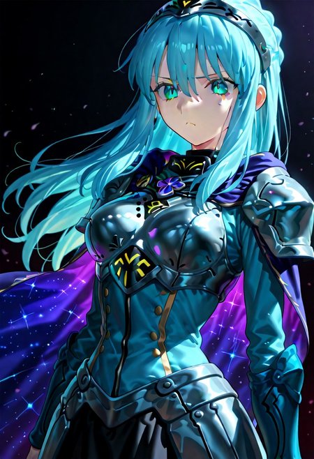 score_9, score_8_up, score_7_up, ((solo)), calm, pout, closed mouth, 1girl, solo, (medium breasts, thin waist, wide hips), peaceful, closed mouth, adult, (((eirika face))), (((cyan hair, cyan eyes))), ((long hair, hair between eyes)), (((indigo cape, metal headband, green metal_uniform, metal breast_armor))), no background, dark background, cowboy shot, dark background, portrait, Expressiveh,