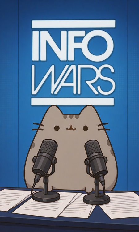 embedding:IllusP0s, info wars, white logo, blue wall, microphone, desk, no humans, pusheen, close-up,<lora:PusheenIXL.safetensors:0.7:0.7> <lora:info_wars.safetensors:1.0:1.0>