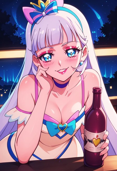 Expressiveh, score_9, score_8_up, score_7_up, score_6_up, score_5_up, score_4_up, godrays, 1girl, pose, smile, looking at viewer, hotel bar, neon, color lights, dim, night, (bent over table), face focus, sexy, ((holding a bottle of wine)), drunk, (glittering pastel clothing, glossy sparkling fabric)  makeup, long eyelashes, glossy lipstick, (soft blush), eyeshadow, hand on the cheek
(((cure nyammy, wonderful precure!))),