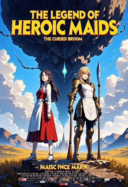 Concept:
A masterpiece high quality poster for an theatrical anime movie.
Style:
4k quality professional anime poster art with vivid vibrant colors, cel-shaded characters, perfect text title, mvpstrCE style, detail eyes, retro_anime.
Main Text:
The title of the movie is  ("THE LEGEND OF HEROIC MAIDS") written at the top in bold large fantasy font with golden trim, and an underline, there is a subtitle under it saying ("The Cursed Broom") in simple yellow fantasy font.
The Characters:
On the Right Side stands a regal blonde female knight in a fancy decorated full plate armor holding a metal broom with a blade at its tip, she is also wearing a long apron and frilly maid headdress on top of her armor, she is standing in sideview but looking at viewer, she has blue eyes.
On the Left Side stands a gorgeous brunette witch wearing a red frilly fancy sleeveless dress and she is holding a magical broom with blue magical crystal at its tip, she is wearing a fancy apron and frilly maid headdress on top of her dress, she is standing in sideview but looking at viewer, she has green eyes.
The Background: 
Vast grassy hills, mountains, epic castle in the distance, a silhouette of a giant evil broom towering over the landscape shrouded in mist infused with dark magic, majestic anime clouds frame scene.
Additional Text At Bottom of Poster:
At the bottom names of fake voice actors usually seen on anime posters, including a release date in ("March 2026") in a red font.