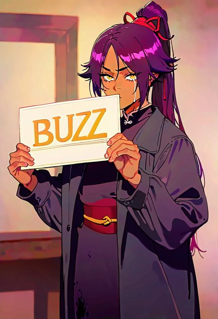 Masterpiece, Best Quality, Best Score, Best 
depth of field,realistic,  anime coloring,anime screencap,(best quality)source_anime,(masterpiece:1.2),best quality, 1girl,score_9,score_8_up,score_7_up,source_anime,(((holding a sign with the inscription  "BUZZ":2))), cute pouting expression, dirty Yoruichi Shihouin, very dirty spots and very torn clothes, black old men's jacket, a dusty street, wall background
Anatomy,ultra deitailed, shiny brilliant yellow eyes
crying, black men's jacket, BUZZ
<lora:add-detail-xl:1>, <lora:nyalia_NoobXL:0.3>, <lora:cutesexyrobutts_style_illustrious_goofy:0.2>,  <lora:nabibutterILLUS:0.1>, usnr, <lora:USNR STYLE_XL_loha:0.9>,