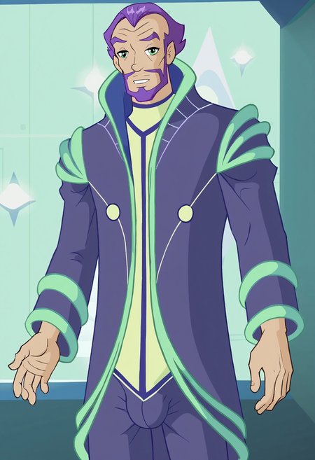 safe_pos, score_9, score_8_up, rating_nsfw, ultra hd, absurdres, best quality, masterpiece, detailed linework, masculine, manly, solo, 1male, male focus, best anatomy, best eyes, best hands, best aesthetic, erotic, nsfw, gay porn, winx club art style, cartoon screenshot, BREAK 
WinxElectronio, purple hair, beard, facial hair, coat, purple coat, futuristic clothing, green eyes, looking at viewer, view from front, full-body view, bulge
