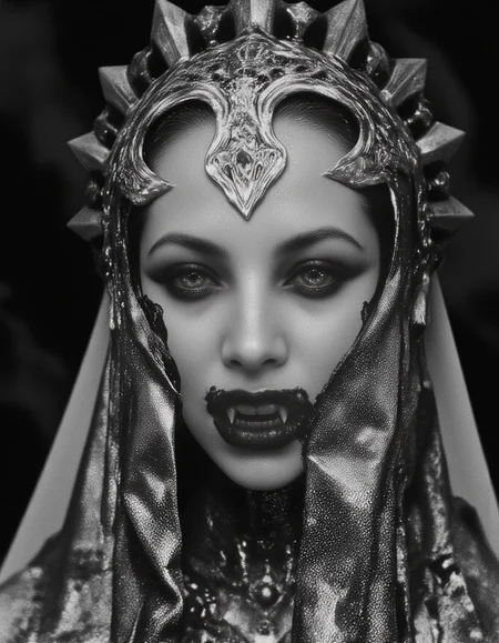drk4rt,  photo of a vampire woman covered in white powder, melancholic <lora:AITK-fluxCine2:1> cinematic, film still, screengrab, half veiled faced, <lora:wet_sweat_and_perspire:1> wet, sweaty, perspire <lora:Akasha_Queen_of_the_Damned_F1-GMR:1> sharp fangs, A close-up, gothic-inspired composition featuring a model shrouded in an embellished avant-garde veil, crafted with intricate baroque patterns, metallic filigree, and occult symbols subtly woven into the fabric. The veil cascades like a spectral shroud, partially obscuring the modelâs face, which is illuminated by a faint, otherworldly glow that highlights striking bone structure and piercing, ethereal eyes. The limited color palette consists of deep black, smoky greys, and muted silver, with subtle accents of blood red. The background is a void-like darkness with faint, swirling mist and occult sigils barely visible in the shadows. The atmosphere is ominous yet divine, suggesting apotheosis, with delicate lighting creating dramatic contrasts. The overall design is sharp, hyperdetailed, and styled as intricate gig poster art, balancing dark mysticism with avant-garde elegance. <lora:ChildrenOfTheNight:1> vampire, half evil smile,  > <lora:epic-midj:0.40><lora:Reticulating_Noise_Gradient_Flux:0.37> <lora:Wizards_Experimental_Photo_Lab:0.20> <lora:Wizards_Arcana_The_Spectral_Glow:0.40> <lora:ChadMichaelWard:0.20> drk4rt