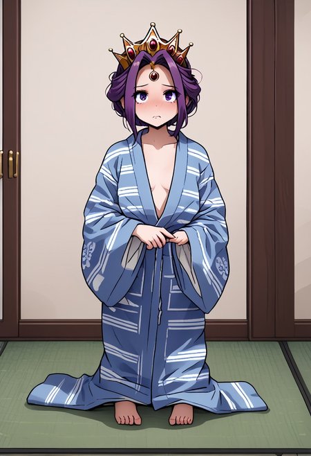MIRELLIA Q MELROMARC, CROWN, TIARA, yukata, full body, ShrinkingConcept, shrinkingclothing, oversized clothes, shrinking, full body, child, small