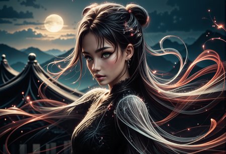 mad-wsps, xslx scribble, detailmaximizer. A medium close-up of a stunning young Asian woman, captured from her shoulders up as she gracefully dances under the full moon. Her delicate, smoky makeup enhances her deep green eyes, giving them an otherworldly glow, while the moonlight accentuates the red shimmer in her deep black hair. Her hair is styled in a traditional Chinese manner, with part of it pinned up and the rest flowing freely. The ornate details of her black dress, adorned with subtle white embroidery along the collar and sleeves, are visible. Behind her, the decorative eaves of the palace rooftop are highlighted by the soft moonlight, adding to the spiritual and mystical atmosphere., <lora:RealisticAnimeFlux_v2.safetensors:1.0:1.0> <lora:Wisps_of_Light_FLUX.safetensors:0.8:0.8> <lora:scribble-flux-v1.safetensors:1.0:1.0> <lora:aidmaImageUpgrader-FLUX-V0.1.safetensors:0.5:0.5>