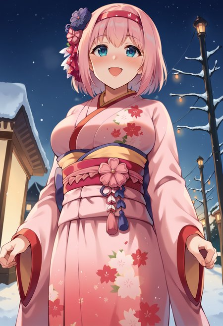 score_9, score_7_up, hd, (ultra hd quality details), source_anime, outdoors, lights, moody lighting, snow,
solo, 1girl, large breasts, yuipcrbase, pink hair,
yknewyear, hair ornament, hair flower, hairband, print kimono, sash,
looking up, blush, open mouth, smile,
standing, from below,
<lora:_yui_pcr-elesico-ponyr1:1>