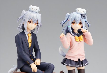 tamakiDefault, 1boy, dghd, dog hair ornament,  blue hair, grey hair, two side up, orange eyes, hair between eyes, dog tail, otoko no ko, multiple hair bows,  black bow, yellow bowtie, black skirt, black thighhighs, brown footwear, pink cardigan,