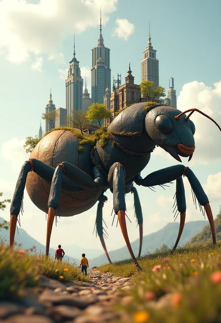 A giant ant trudges along with a miniature city built into its body. Skyscrapers, parks, and roads sprawl across its back, with tiny humans living their daily lives in the city built atop this industrious creature.