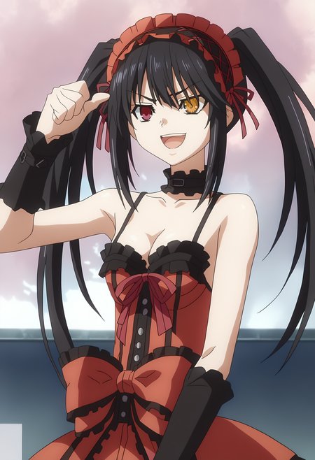 score_9, score_8_up, score_7_up, source_anime,
BREAK
<lora:shiDioV2:1>, konodiopose, pointing, parody, meme, pointing at self, 
smile, open mouth, upper body, style parody,
1girl, solo, anime screencap, anime coloring, 
<lora:shiKurumiV2:1> kurdef, long hair, black hair, twintails, red eyes, yellow eyes, clock eyes, heterochromia, hairband, bare shoulders, detached sleeves, choker, red dress, cleavage, bow, black thighhighs, lace-up boots,