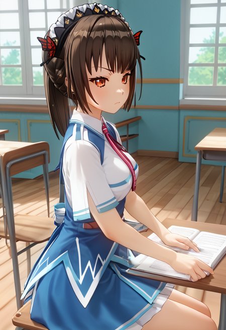 score_9, score_8_up, score_7_up, BREAK source_anime, (masterpiece), (best quality), 1girl, chihara_yukine, red colored eyes, brown colored hair, ponytail hair, (ultra detailed), schoolgirl outfit, colorful light, shine, sitting on chair, solving math problem, looking at textbook on table, inside classroom, serious face, (from top:0.8), (from side:0.8),  butterfly hair ornaments, upper body only, <lora:chihara_yukine-V2:0.9>