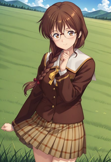 kuon_eri, brown eyes, brown hair, long hair, glasses, single braid, hair over shoulder, school uniform, white sailor collar, brown jacket, long sleeves, plaid skirt, brown skirt, <lora:kuon_eri_illustrious_ver1:0.8> 
smile,, masterpiece, best quality, very aesthetic, absurdres,, general,, (cowboy shot, dynamic pose:1.4),, 1girl, solo, blue sky, (grasslands:1.2), looking at viewer,
