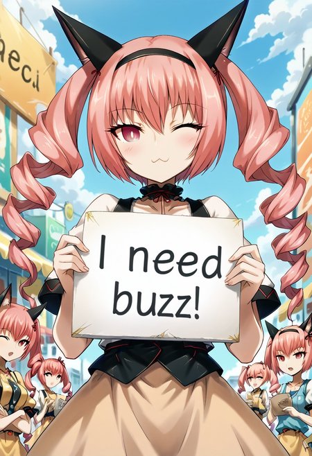 score_9, score_8_up, score_7_up, source_anime, <lora:rumiho-akiha-ingame-ponyxl-lora-nochekaiser:1>, 1girl, rumiho akiha, long hair, twintails, pink hair, drill hair, twin drills, red eyes, animal ears, cat ears, wink, cafe background, need_buzz, holding sign