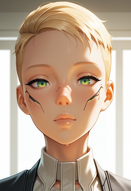masterpiece, best quality, amazing quality, very aesthetic, absurdres, newest,
<lora:ILCyberSandraDorsett:1.0>
CyberSandraDorsett, 1girl, blonde hair, short hair, green eyes, looking at viewer, portrait