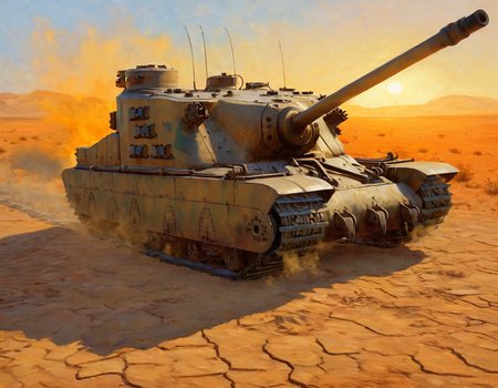 oil painting of a a trtsetnk tank, <lora:Tortoise_Tank_SDXL:0.65>,tan and orange camouflage paint,giant stubby main gun,side view,moving through arid field,at sunset,impressionism style
