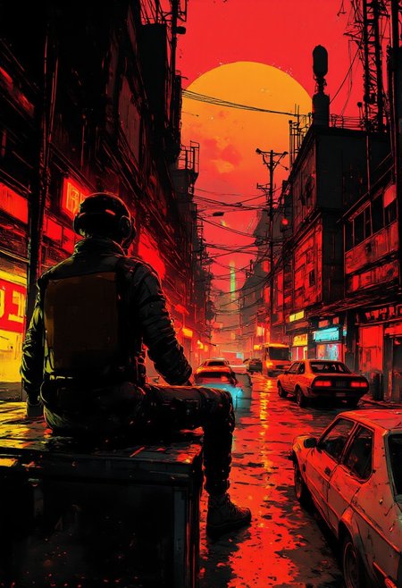 inksketch, silhouette art, chiascuro, cyberpunk, very detailed background, cyberpunk, 
The image is of a cyberpunk man from behind as he sits on a roof top overlooking a futuristic, cyberpunk industrial. He is wearing modern Japanese streetware. The red glow of the neon lights light up the area. The moon in a waining crescent overhead. Cars drive by on the busy street below. 
From behind, sitting on edge of roof, facing away, cyberpunk, neonpunk, retro, illustration 
<lora:ck-Neon-Retrowave:0.2>