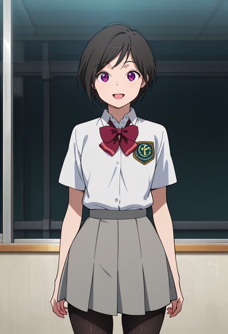 masterpiece, best quality, amazing quality, very aesthetic, absurdres, newest, illustration, perfect composition, intricate details, highres, anime coloring, 1girl, solo, (cowboy shot:1.2), inkoww, purple eyes, black hair, short hair, school uniform, white collared shirt, short sleeves, red bowtie, emblem, grey skirt, black pantyhose, looking at viewer, smile, open mouth, shiny body, shiny skin, skindentation, clear skin, shiny hair, ultra detailed eyes, depth of field, sharp, intricate details, hyperdetailed, ultra-detailed, detailed clothing folds, high contrast, dynamic light  <lora:Amifumi_Inko_Aldnoah_Zero_ill_v1.1:1>