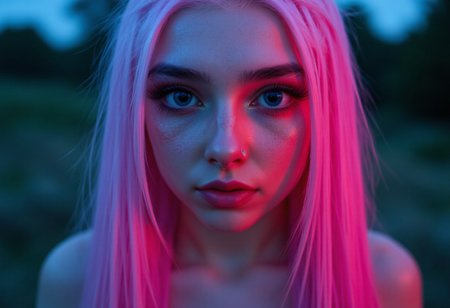 ultra realistic extremely detailed ultra close-up shot: gazing deep into the huge beautiful eyes of a sexy and alluring raver girl with long light pink hair. Euphoria makeup with pink glitter eyeshadow and winged eyeliner frame her big expressive blue eyes with dilated pupils and long eyelashes. She gazes toward the viewer with a sexy eyes half shut look and smiles seductively with her soft pink lips, her facial expression exuding unbridled lust. She blushes, flushing her cheeks as the moon bathes the sharp features of her beautiful heart-shaped face in a gentle glow. She has a small nose ring. The extremely pale white skin of her bare shoulders is softly illuminated by the moonlight. Nighttime forest glen background. The softly lit nighttime image conveys a sense of sensuality and desire. aidmafluxpro1.1