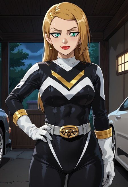 score_9, score_8_up, score_7_up, BREAK,
1girl, solo,  Sarah, green eyes, blonde hair, long hair, hairclip, earrings, lipstick, muscular, medium breasts, narrow waist, wide hips, sentaisaintforce, black bodysuit, silver belt, white gloves, spandex,  m-shaped chest symbol, helmet removed, no headwear,BREAK,
cowboy shot, smug, half-closed eyes, standing, hand on hip, indoors, garage, night,