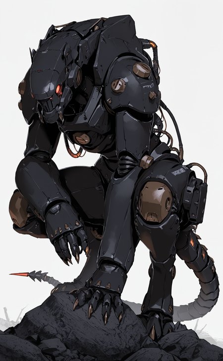 masterpiece, best quality, amazing quality, solo, white background, tail, full body, no humans, squatting, robot, claws, mecha, science fiction, rock, realistic, cable, power armor, humanoid robot, mechanical tail, digitigrade, rolua,
dark_comic_fantasy_noir <lora:noobai_ep11_stabilizer_v0.138_fp16:0.3> <lora:NOOB_vp1_detailer_by_volnovik_v1:0.3> <lora:dark_comic_fantasy_noir_illustriousXL-000021:0.6> <lora:96YOTTEA-WAI:0.5> <lora:Rolua_style_v1_cocoILv56:0.7>
