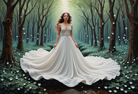 lazypos, made of marbles, A woman in a flowing white dress of marbles stands in an emerald forest, a ring of fairies  encircling her, but as she moves, her form dissolves into swirling, rainbow abstract patterns that ripple like sound waves., contemporary urban realism meets ethereal literary illustration, powerful female portraiture with atmospheric storytelling, classical oil technique fused with delicate watercolor textures, street art aesthetics blended with gothic romanticism, rich earthy tones layered with soft muted pastels, expressive brushwork and intricate costume detail, textured urban settings with fairytale undertones, emotional realism meets dreamlike composition, cultural identity portrayed through poetic environments, symbolic backgrounds with moody light, narrative portraiture infused with mystery, realism and fantasy in intimate balance, dogwood trees