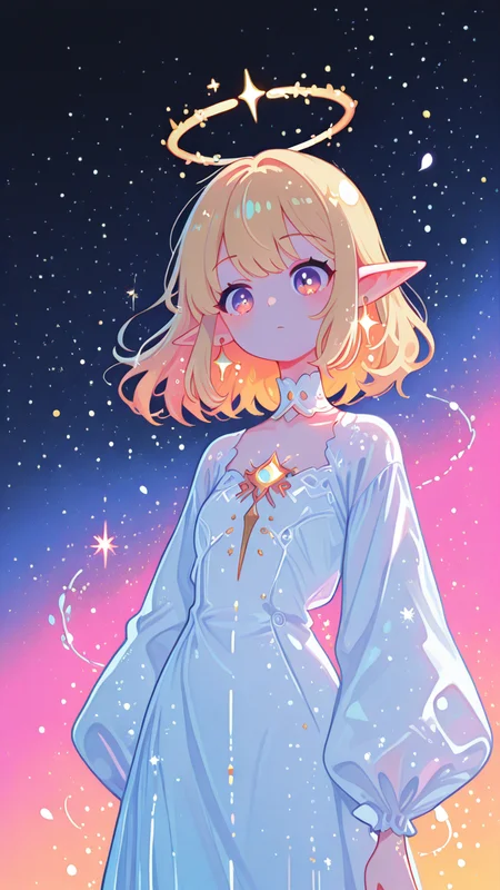 sci-fi style Pop Art, masterpiece, best quality, good quality, newest, highres, absurdres, flat, minimalist style, ultra_detailed, celestial_fantasy, anime_coloring, soft_glow, ethereal_light. 1girl, long_blonde_hair, elf_ears, delicate_earrings, soft_halo_glow, flowing_white_dress, angelic_wings, floating_petals, surreal_light_particles, radiant_background, pastel_gradient, soft_sparkles, ornate_golden_accessories, dreamlike_composition. <lora:TQ_Iridescent_Fantasy_Creations:0.8> <lora:MJ52:0.5> <lora:xl_more_art-full_v1:1> <lora:114558v4df2fsdf5:1>  <lora:illustrious_very_aesthetic_v1:0.5> <lora:XXX477:0.2>  <lora:sowasowart_style:0.3>   <lora:illustrious_flat_color_v2:0.6>  <lora:haiz_ai_illu:0.7>  <lora:checkpoint-e18_s306:0.75>, vivid colors, flat color, 2D, strong lines, Pop Art . futuristic, technological, alien worlds, space themes, advanced civilizations