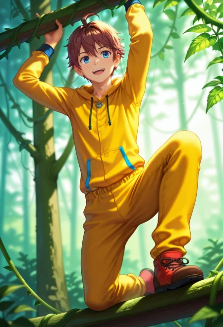 masterpiece, best quality, intricate details, (photorealistic:0.6), , , 1boy, solo, male focus, <lora:seto_aihara_ilxl:0.98>, seto_aihara, brown hair, blue eyes, short hair, ahoge, , , jungle canopy, tree platforms, vine bridges, bird nests, climbing pose, adventurous expression, morning, funny costume