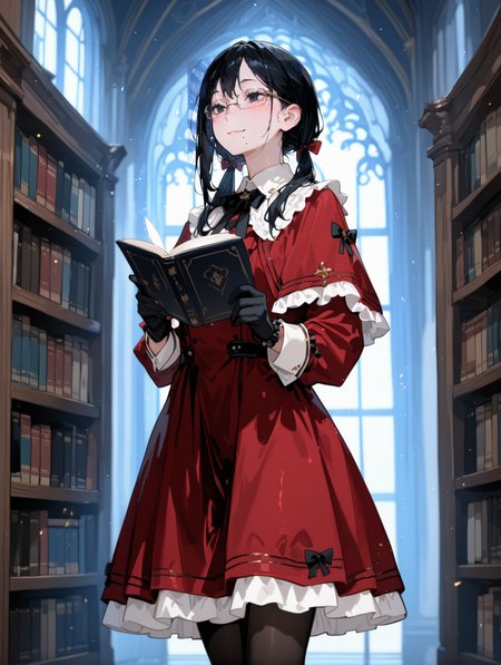 ShimizukiyokoCYQL,1girl,solo,long hair,black hair,black eyes,glasses,semi-rimless eyewear,mole,mole under mouth,
<lora:ShimizukiyokoCYQL:1>,
book,bookshelf,dress,pantyhose,twintails,library,lookingatviewer,redfootwear,holding,bow,blackpantyhose,holdingbook,ribbon,standing,capelet,reddress,frills,frilleddress,shoes,lowtwintails,lightparticles,indoors,smile,redbow,openbook,blush,gloves,,
BREAK
748cmstyle,EtherStyle,<lora:96YOTTEA-WAI:0.3>,<lora:EtherSDXL:0.4>,<lora:illustrious_all_rated_v1:0.5>,<lora:spo_sdxl_10ep_4k-data_lora_webui:0.6>,<lora:ponyv5_noobV065S_1_adamW:0.7>,<lora:748cmSDXL:0.8>,
perfect quality,high quality,masterpiece,best quality,amazing quality,very aesthetic,absurdres,newest,