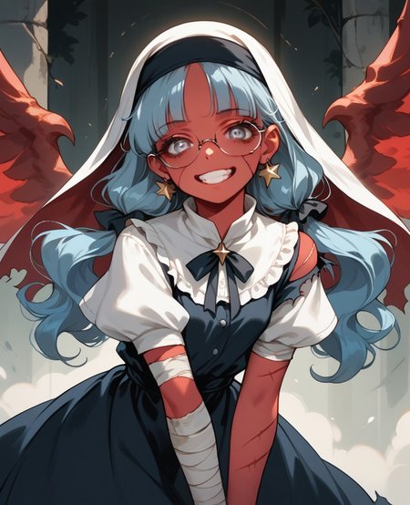score_9, score_8_up, score_7_up, score_6_up, 1girl, solo, perfect hand, small breasts, (red skin:1.2), (skinny:1.1), thin_hips, angel wings, scars, curly_hair, light blue hair, very long hair, low twintails, blunt bangs, silver eyes, hair_bow, bandages, glasses, light cyan frilly dress, looking_at_viewer, bent_over, evil grin, intense stare, torn pantyhose, scrunchie, habit, zombie girl, star earrings