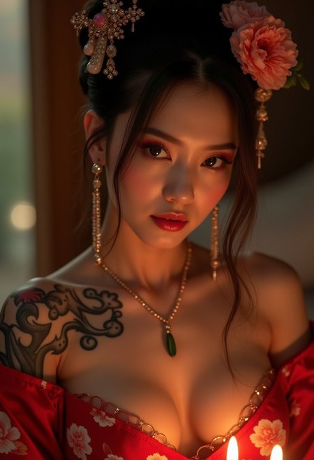 A photorealistic, ultra-realistic, A gorgeous seductive japanese dancer, exuding elegance and grace, adorned with delicate jewelry and traditional flowers in her hair. Her stunning beauty is enhanced by dynamic, fluid movements, creating a sensual and captivating atmosphere. The dancer’s intense emotions are expressed through her mesmerizing gaze and perfectly balanced composition. She wears a sexy version of traditional japanese dancer costume. her tattooed body glistening as candles softly illuminate her silhouette. Her blushing face is captured with intricate detail, reminiscent of Jean Baptiste Monge, Carne Griffiths, Jeremy Mann, and Seb McKinnon, all in a sophisticated Vogue-style aesthetic