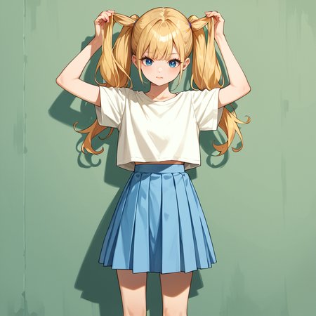 score_9, score_8_up, score_7_up,source_anime, rating_safe, 1girl, blonde hair, twintails, white top, blue medium skirt, Hold on to handles, standing