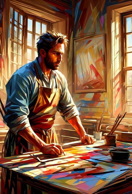 A focused Renaissance artist with a smudged apron and a palette of colors works on a canvas in a sunlit studio. Paintings in progress, wooden easel, soft light filtering through large windows, extreme close-up, portrait, warm tones.