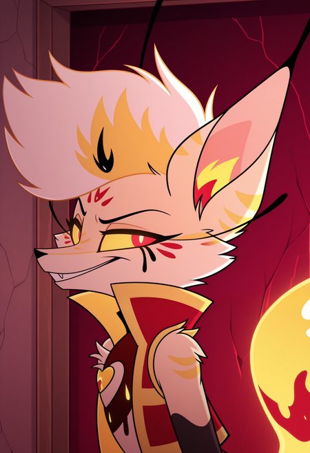 masterpiece,best quality,amazing quality, 1boy, solo, bub, anthro fox, colored sclera, red vest, open clothes, close up, side angle, smirk,