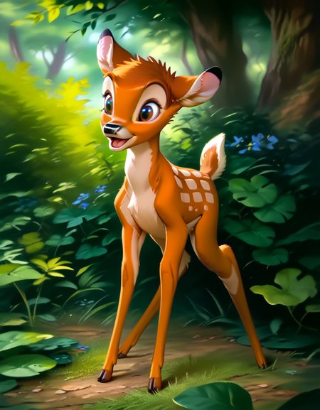 score_9, score_8_up, score_7_up, score_6_up,
bambi, young, adult, no horns, deer, solo, ((Four legs,)) hyperdetailed, detailed fur, happy, forest,
<lora:add-detail-xl:0.8><lora:Bambi:1>  <lora:Furry Enhancer 6.1:2>